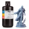 ELEGOO ABS-Like Resin V3.0 Pro Grey 1 kg bottle with grey finished miniature on a white background