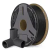 ELEGOO PET-CF Carbon Fiber Black 1 kg spool with sample printed carbon-fiber parts on a clean white background.