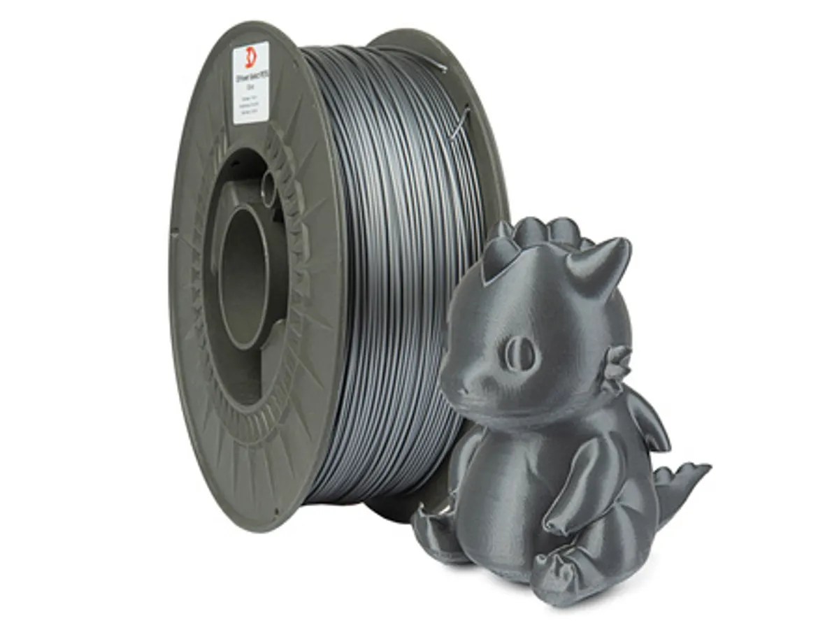 3DPower Select PETG Silver 1 kg spool with matching silver 3D-printed dragon on a clean white background — official manufacturer image.