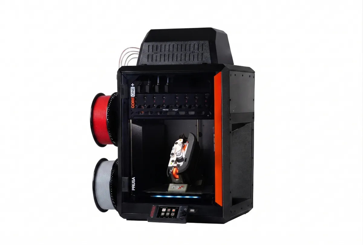 Assembled Prusa CORE One+ (Gen 2) with Bondtech INDX 4-tool starter configuration — official product image.
