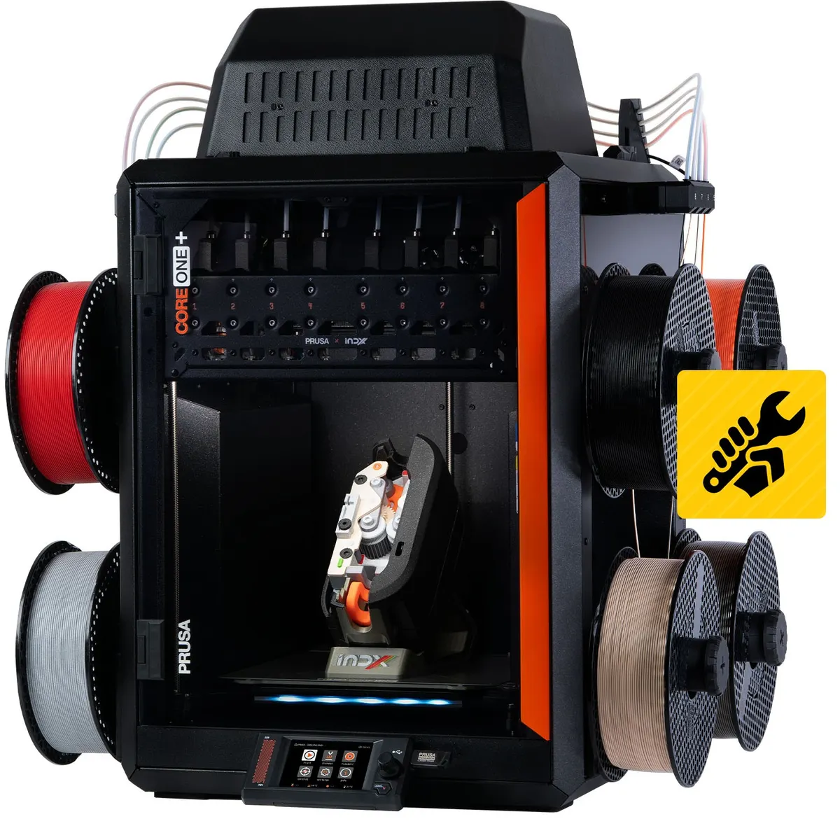 Prusa CORE One+ (Gen 2) INDX 8-Tool assembly kit printer, front three-quarter view with eight filament spools, white background