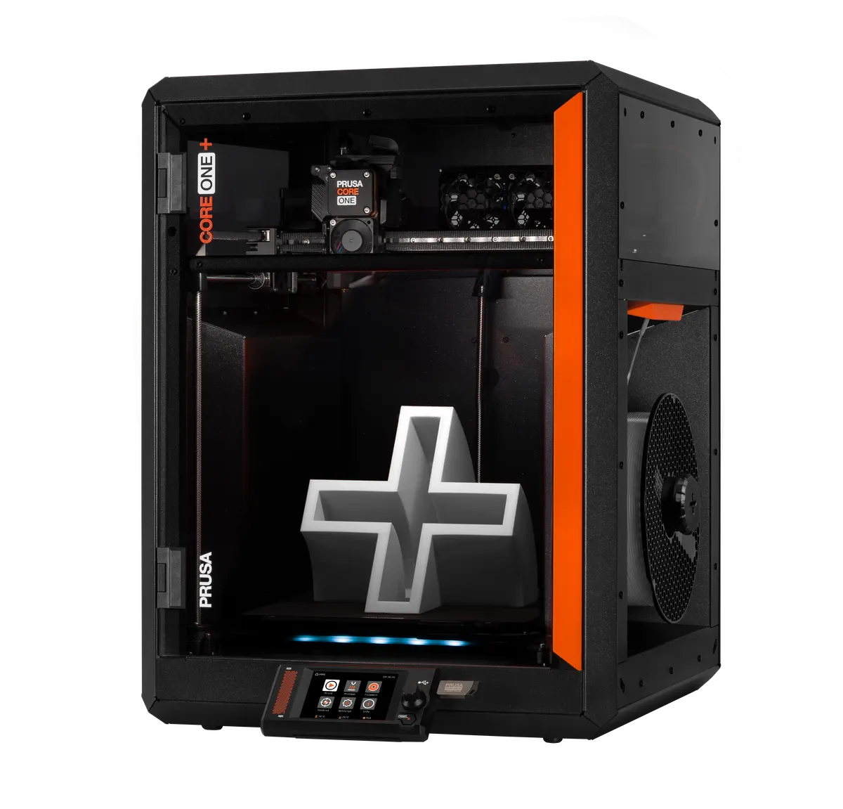 Prusa CORE One+ (Gen 2) assembled 3D printer product render, three-quarter front-right view on a clean neutral background.