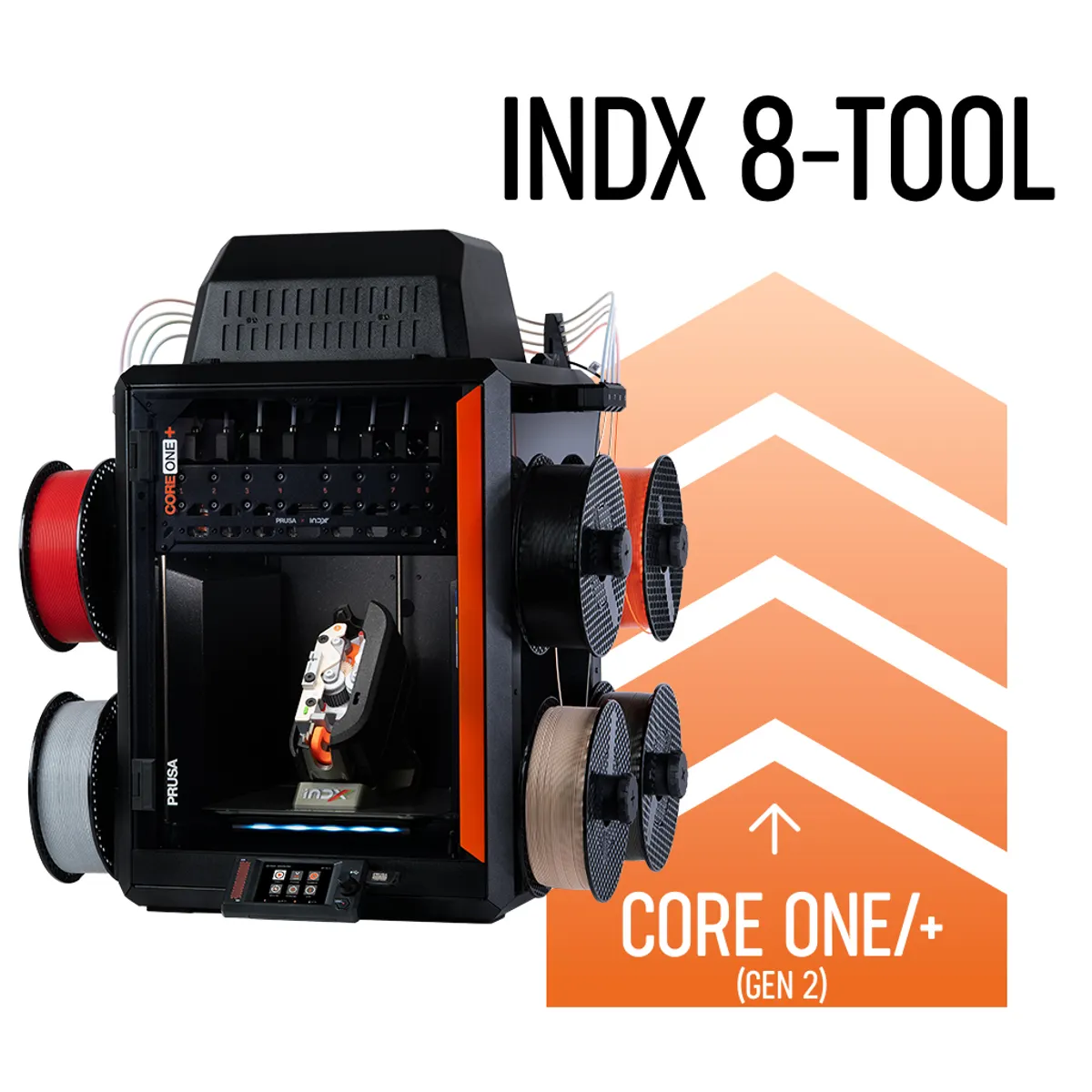 Official Prusa product image of the INDX 8-Tool Conversion Kit for CORE One+ (Gen 2), isolated product view.