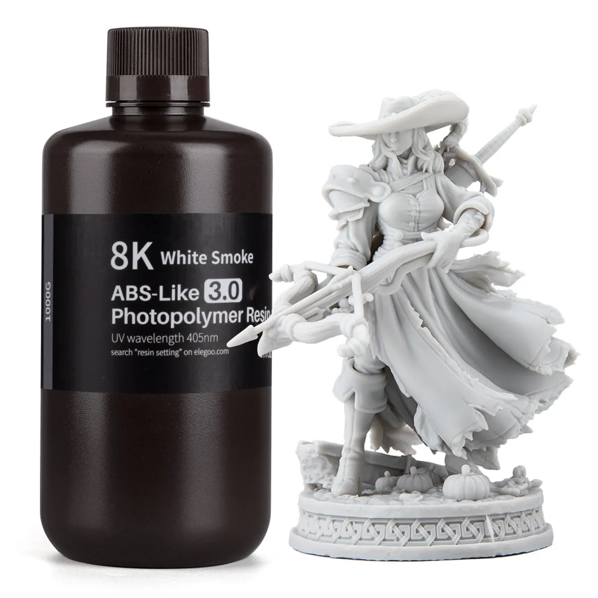 ELEGOO 8K ABS-Like Resin V3.0 White Smoke bottle with a white printed miniature on a clean white background