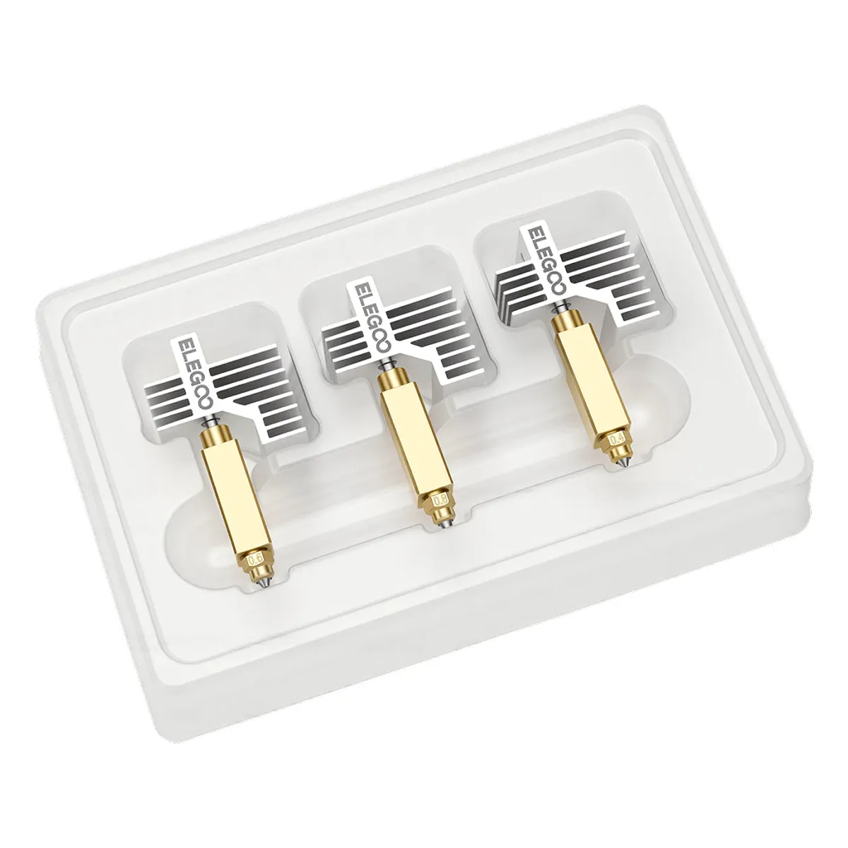 ELEGOO Multi-Size Hotend Kit for Centauri Carbon 2 Series — three hotends front view on clean white background