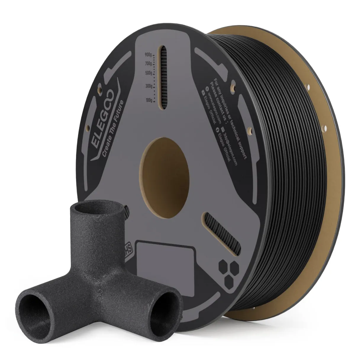 ELEGOO PET-CF Carbon Fiber Black 1 kg spool with sample printed carbon-fiber parts on a clean white background.