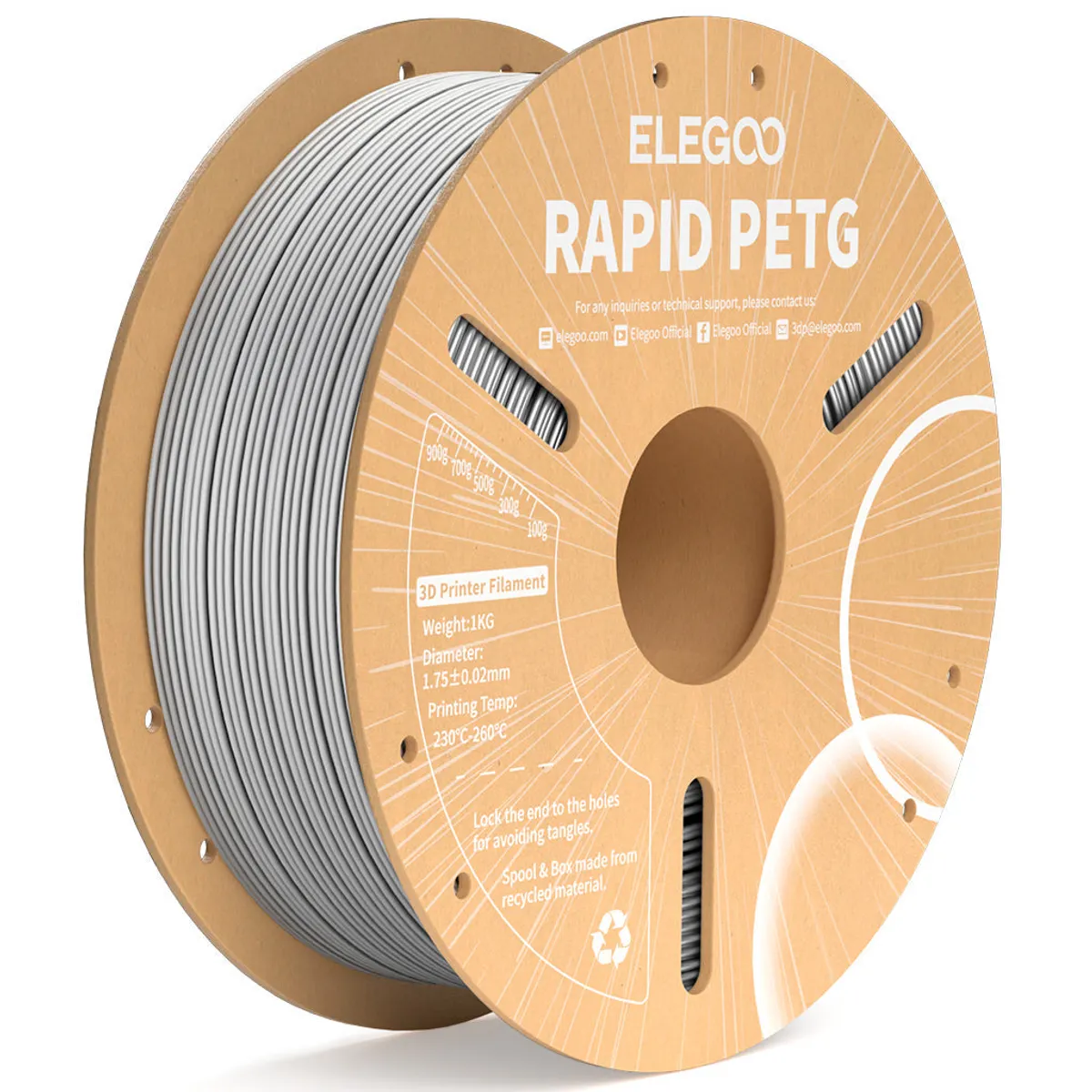 ELEGOO RAPID PETG 1 kg Grey filament spool, front product view on a neutral background