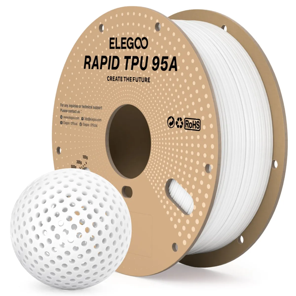 ELEGOO Rapid TPU 95A White 1 kg spool, front three-quarter product view on a white background
