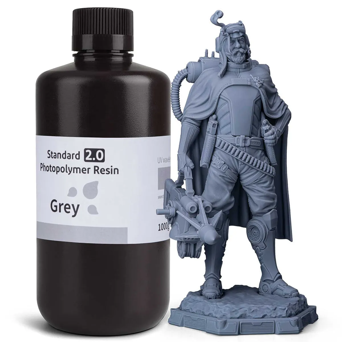 ELEGOO Standard Photopolymer Resin V2.0 Grey 1KG bottle, front product view on white background