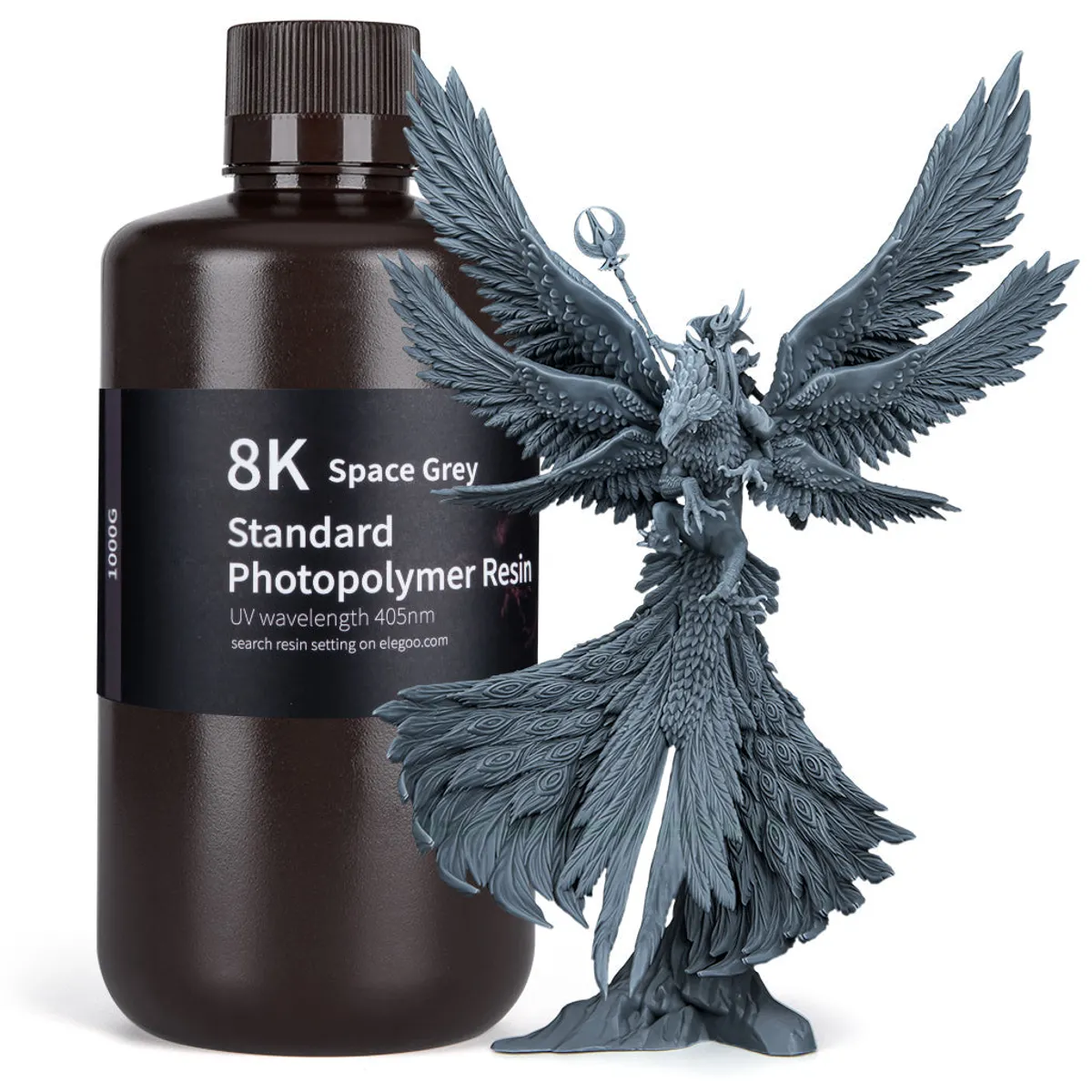 ELEGOO 8K Standard Photopolymer Resin, Space Grey, 1 kg bottle with a detailed grey sample print on a clean white background.