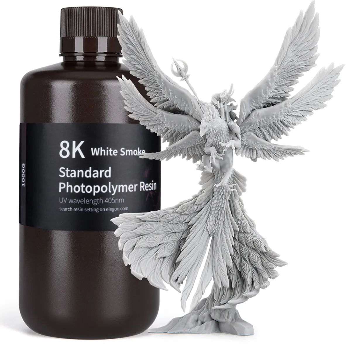 ELEGOO 8K Standard Photopolymer Resin 1 kg White Smoke bottle with white printed model on a clean white background