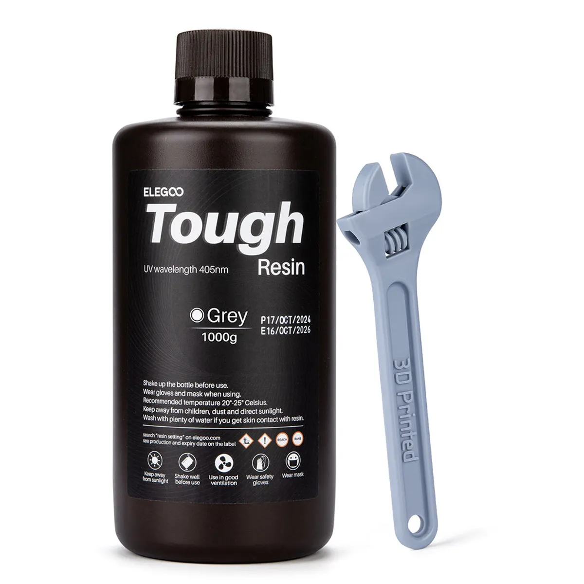 ELEGOO Tough Resin Grey 1 kg bottle with wrench, front three-quarter product view on a white background