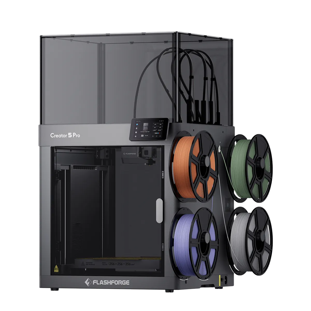 Flashforge Creator 5 Pro front three-quarter view with four mounted filament spools on a clean white background