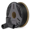 ELEGOO PET-CF Carbon Fiber Black 1 kg spool with sample printed carbon-fiber parts on a clean white background.