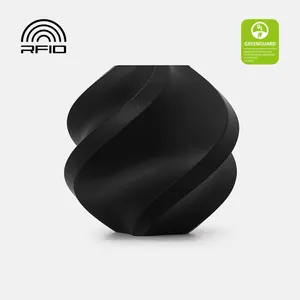 Bambu Lab PETG Matte Black printed spiral sample on a neutral background; black finish reference, not a photo of the 1 kg spool. Includes RFID and certification graphics.