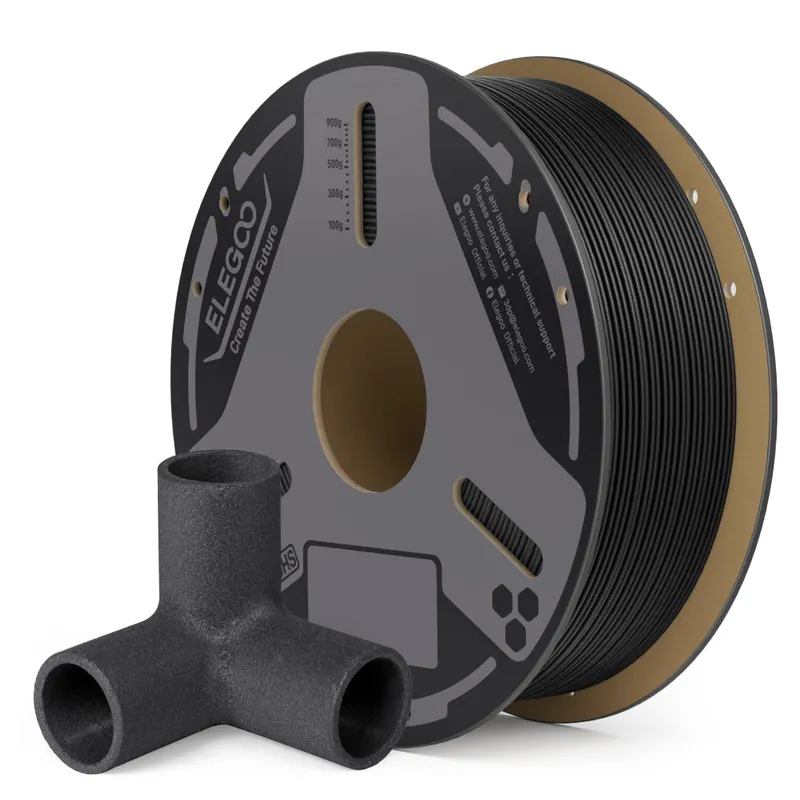 ELEGOO PET-CF Carbon Fiber Black 1 kg spool with sample printed carbon-fiber parts on a clean white background.