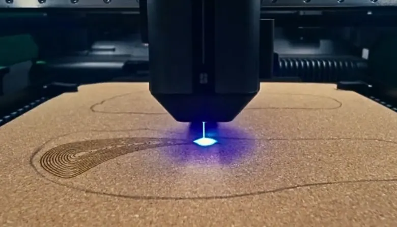 Bambu Lab H2D při laserovém řezání materiálu v uzavřené pracovní komoře