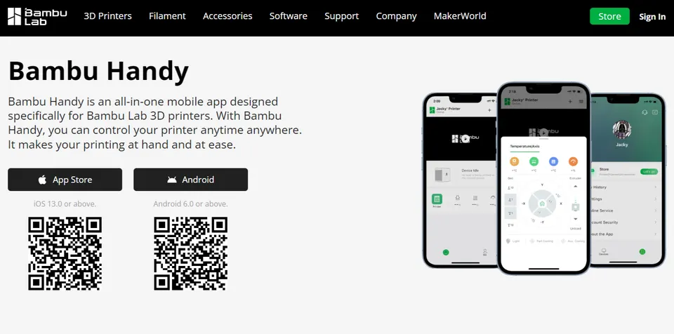 Stránka Bambu Handy od Bambu Lab s odkazy ke stažení aplikace a náhledy mobilního rozhraní