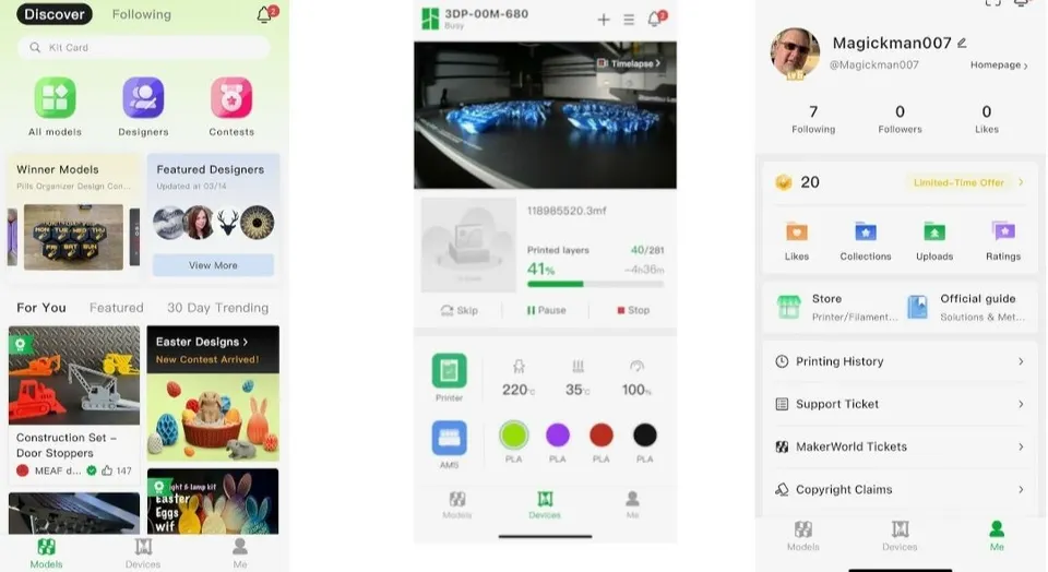Obrazovky aplikace Bambu Handy s přehledem modelů, stavem tisku a uživatelským účtem
