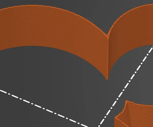 Náhled ve sliceru s oranžovými perimetrovými linkami kolem tenké stěny modelu