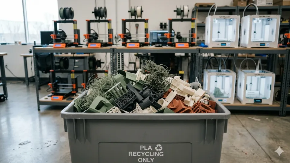 Hromada plastového odpadu z 3D tisku s nepovedenými výtisky, podpěrami a zbytky filamentu v dílně.