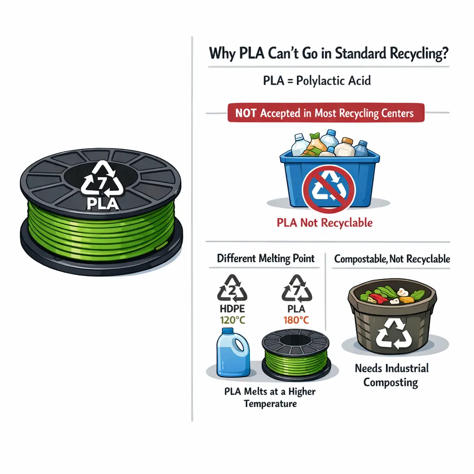 Symbol recyklace u PLA odpadu z 3D tisku upozorňující na problém kontaminace běžných recyklačních toků.