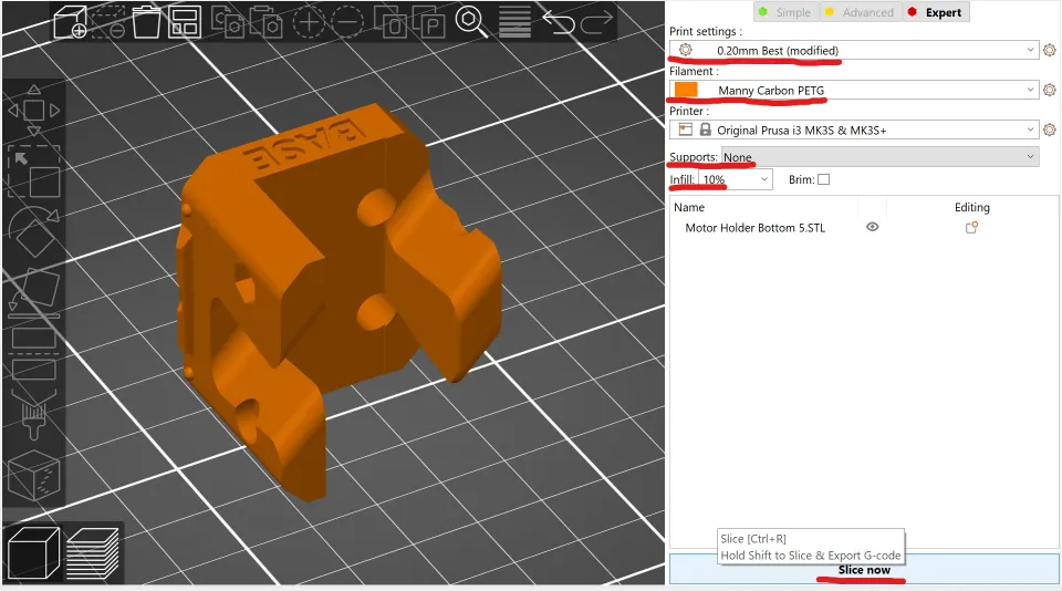 Screenshot ze sliceru s načteným 3D modelem pro kontrolu STL souboru před tiskem