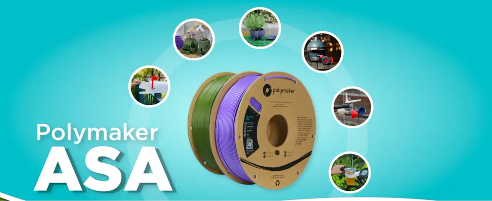 Cívky filamentu Polymaker ASA s ukázkami venkovního použití pro díly vystavené slunci a počasí.