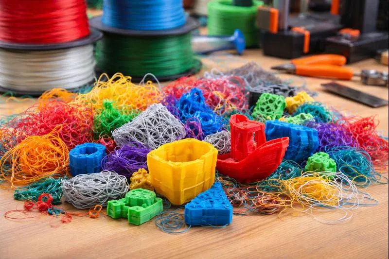 Hromada nepovedených 3D výtisků, podpěr a zbytků filamentu jako příklad odpadu z 3D tisku.