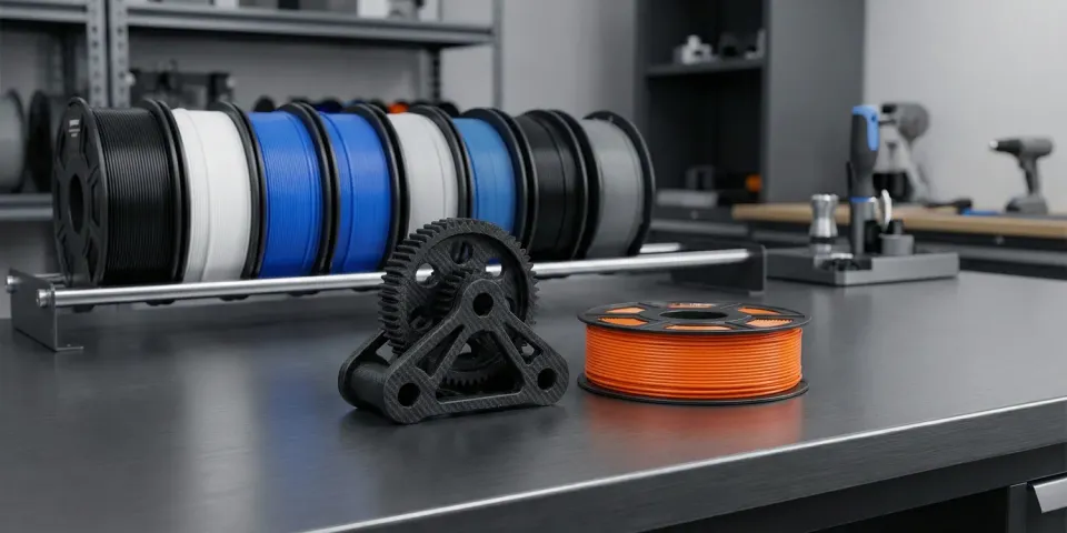Cívky filamentu v různých barvách a funkční 3D tištěný díl na pracovním stole