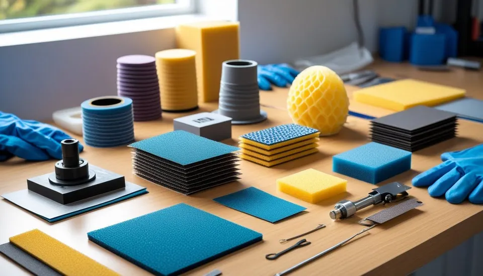 Pracovní stůl s brusnými papíry, brusnými houbičkami, rukavicemi a ukázkami 3D výtisků připravenými k postprocessingu.